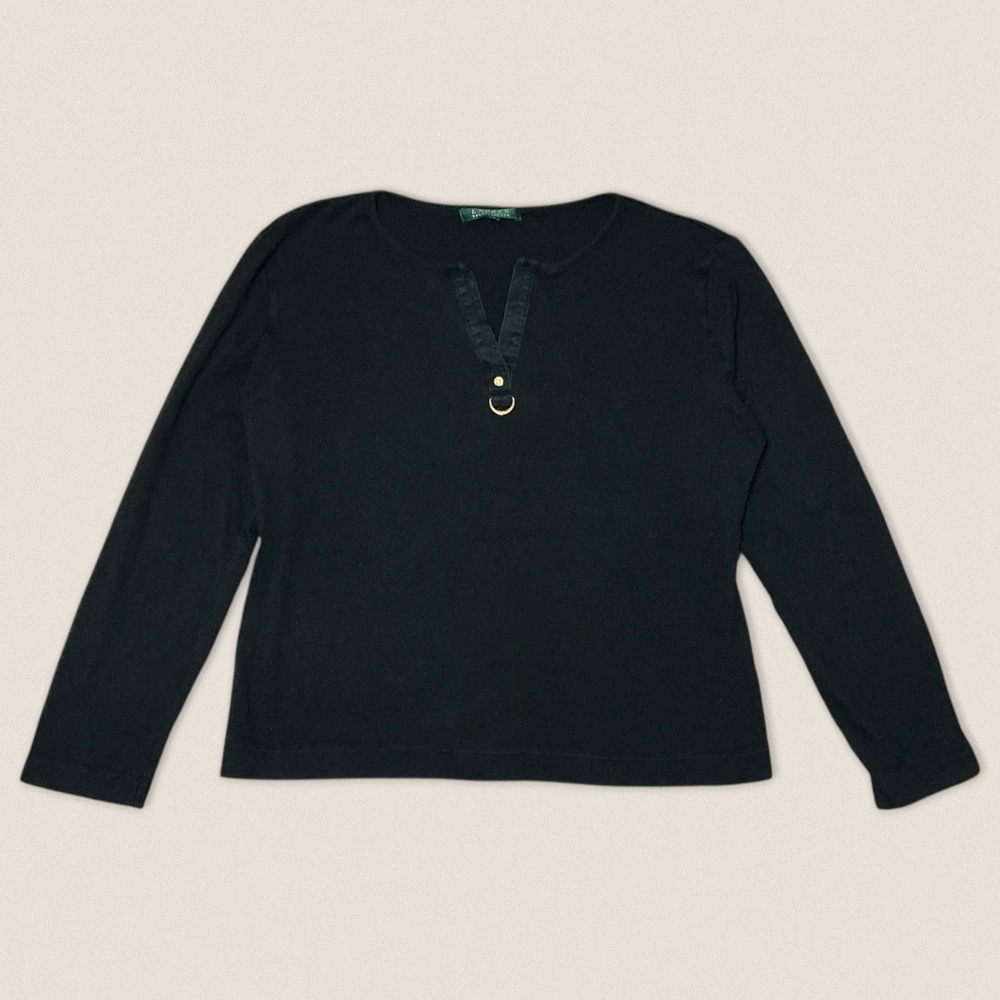 Lauren‎ Ralph Lauren Black Long Sleeve V-Neck D-Ring Top Shirt - Size Women's XL